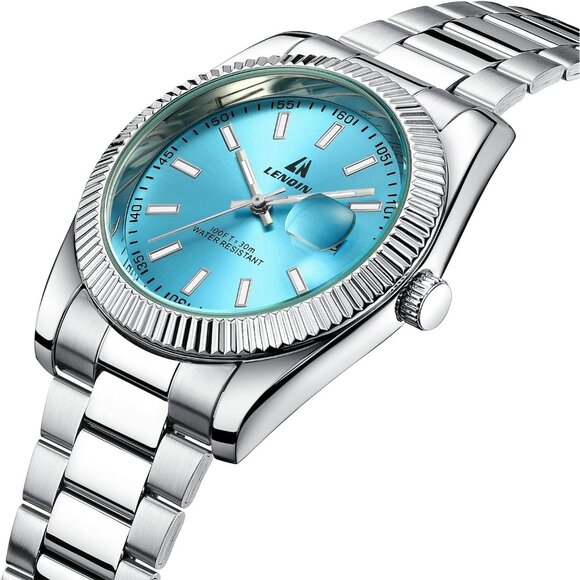 ⚡silver Light Blue Waterproof Analog Quartz Watch Men's Wrist Fashion Casual - Picture 3 of 14